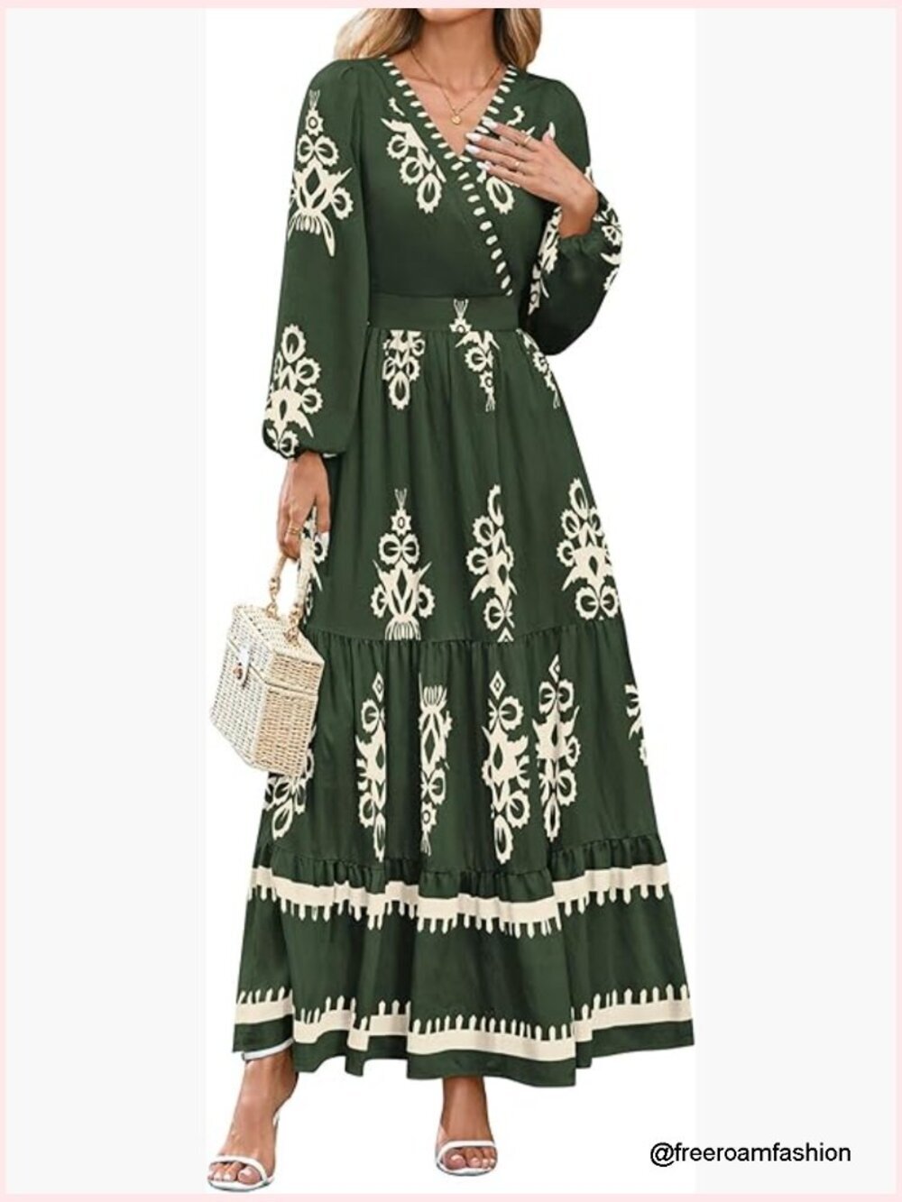 Boho Floral Maxi Dress Long Sleeve V-Neck Flowy Formal Wedding Guest